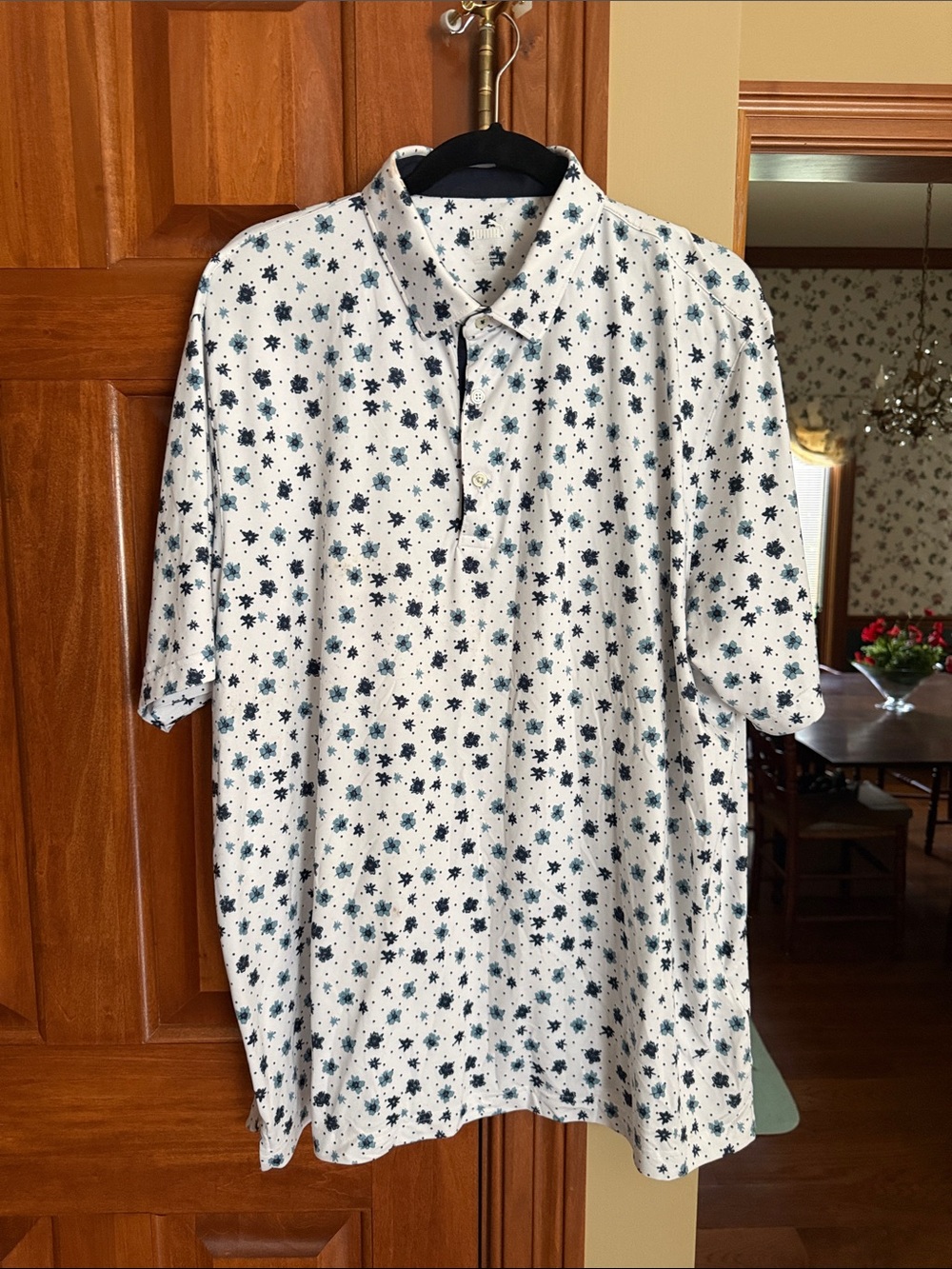 Puma White Polo with Navy Floral Pattern